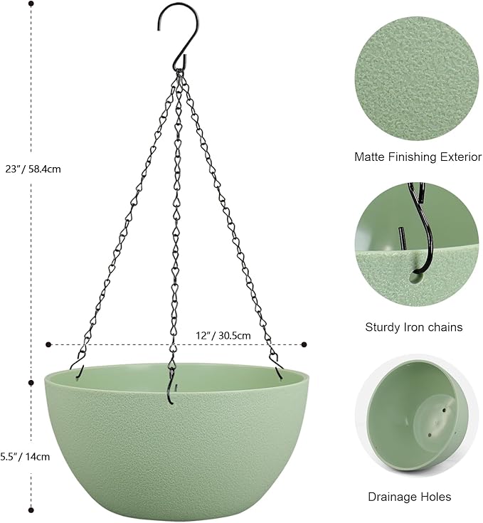 12 inch Large Hanging Planters Plant Pots for Indoor Outdoor Plants, 2 Pack Hanging Flower Pots with Drainage Holes and Chain for Garden Porch, Plastic Hanging Baskets for House Plants, Green-Ruum Studio Home