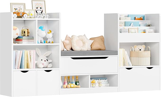 FOTOSOK 72” Kids Bookshelf with Reading Nook, Large Toy Storage Organizer with Seat Cushion and 3 Movable Drawers, Kids Reading Nook Toy Organizers and Storage with Bench for Living Room, White-Ruum Studio Home