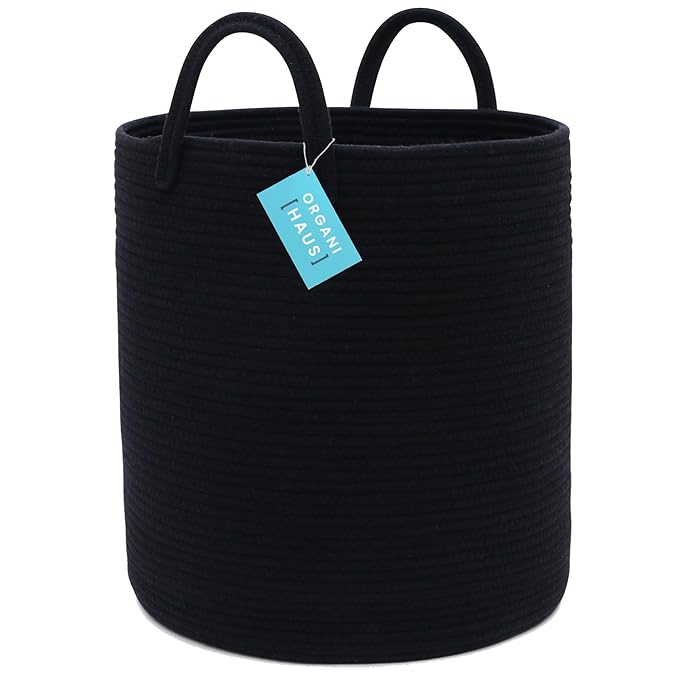 OrganiHaus Woven Laundry Basket - Large Round Black Rope Basket for Dirty Clothes, Blankets, Toys & Nursery Organizers - 38x45cm-Ruum Studio Home