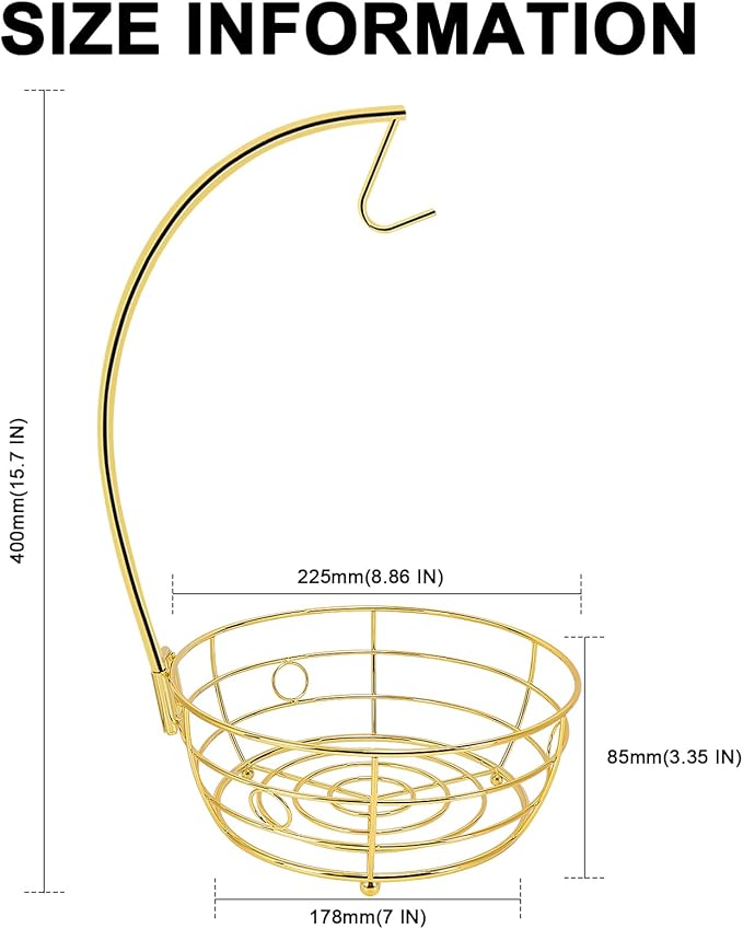 Livabber Countertop Fruit Basket Bowl with Banana Hanger, Modern Standing Fruit Vegetable Bowl Storage, with Banana Tree Holder for Kitchen Dinning Table (Round Metal, Gold)-Ruum Studio Home