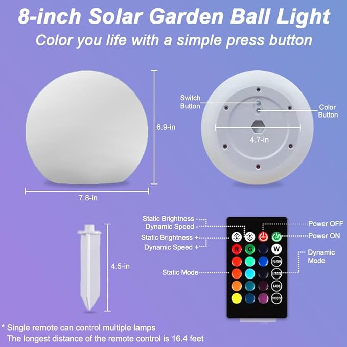 8-in Solar Globe Light Outdoor, Waterproof Solar Ball Light for Outside w/Remote, 16 RGB Color Changing Glowing Orb Lamp Landscape Lighting Mood Lamp w/Ground Stake for Garden Patio Yard Pathway Decor-Ruum Studio Home