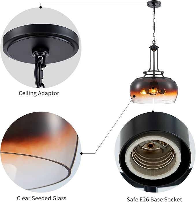 WUZUPS Chandelier Rustic Farmhouse Industrial Round Ceiling Pendant LED Light Fixture with Amber Gradient Black Glass Shade for Dining Room Kitchen Island Foyer Entryway, H 20.9" W 15.9", E26 Base-Ruum Studio Home