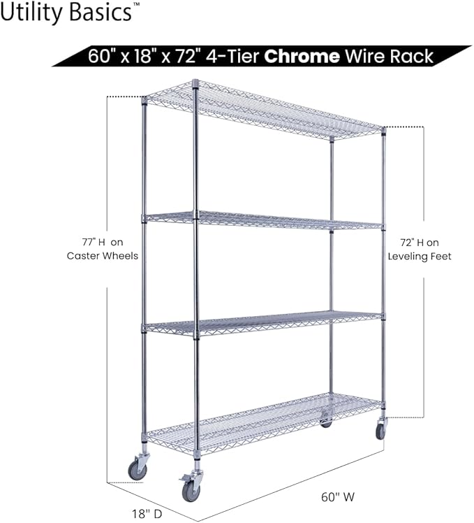 60"x18"x72" Chrome Premium Metal Steel Wire Shelving 4-Tier NSF 3200 LBS MAX Capacity Heavy Duty Storage Rack for Garages, Commercial Spaces, Hospitals, & Schools w/Premium Wheels-Ruum Studio Home