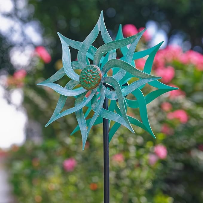 Viveta Metal Wind Spinners,53.5" Kinetic Wind Sculptures,Green Garden Pinwheels Double Layer Windmill for Outdoor Patio Lawn Yard-Ruum Studio Home