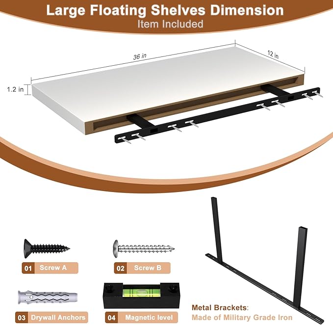 12 Inch Deep Floating Shelves for Wall 3 Pack White Floating Shelves Large Storage Space Wall Mount Shelf for Living Room Kitchen Bathroom 36" W x 12" D x 1.2" H White-Ruum Studio Home