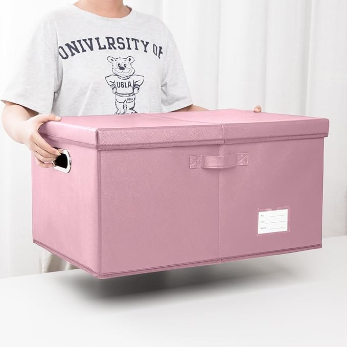 PRANDOM Collapsible Storage Box with Lid [1-Pack] Leather Fabric Foldable Storage Bin Organizer Container Basket Cube with Cover for Home Bedroom Closet Office Nursery Pink (22.8X15.7X11.8)-Ruum Studio Home