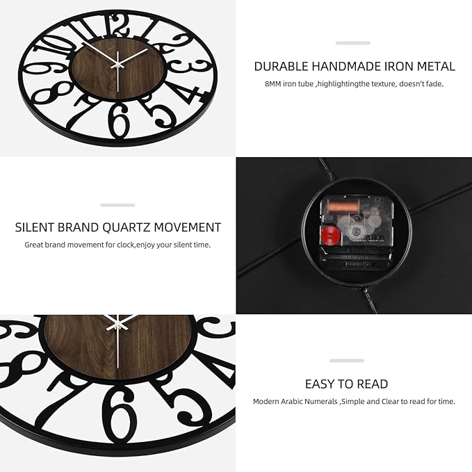 Maxstar Large Round Wall Clock for Living Room Decor Battery Operated Non Ticking Black Metal Wood Clocks for Home Living Room Garden Farmhouse Office Kitchen Decoration -24 inch-Ruum Studio Home