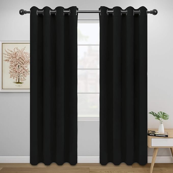 Easy-Going Blackout Curtains for Bedroom, Solid Thermal Insulated Grommet and Noise Reduction Window Drapes, Room Darkening Curtains for Living Room, 2 Panels (52x84 in,Black)-Ruum Studio Home