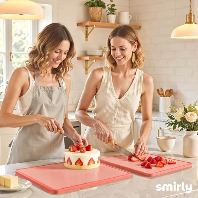 SMIRLY Plastic Cutting Board Set with Holder 3 Pieces, Non-Slip Dishwasher Safe Chopping Boards for Kitchen, Pink-Ruum Studio Home