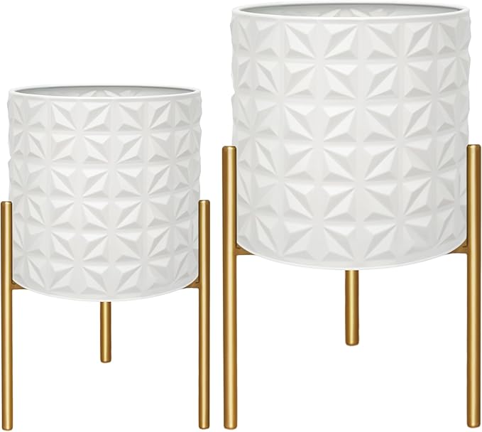 ARNIS Modern Planter Pots, Set of 2 Large Planters with Stand, Decorative Planters, Metal Pots with Drainage Holes for Living Room, Office, Garden or Balcony, 10.5 &12.25 Inch, Matte White-Ruum Studio Home