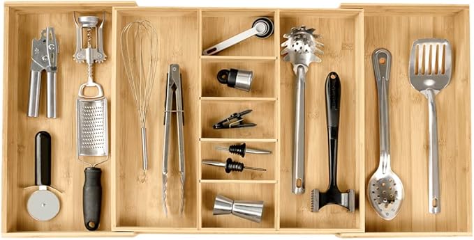 Adjustable Kitchen Drawer Organizer for Utensils and Junk, Food-Safe Contract Grade with 100% Sustainable Wood, Expandable from 19 to 33 Inches Wide - Natural Bamboo-Ruum Studio Home