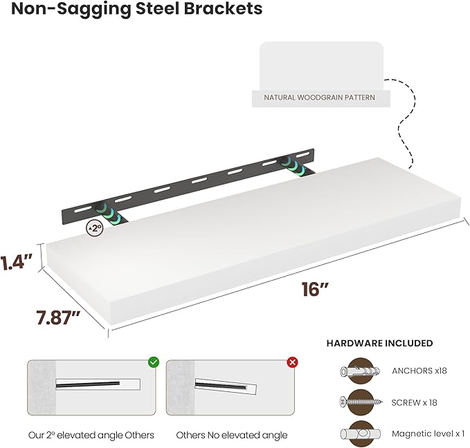 Floating Wood Shelves for Wall 16 Inches x 8”x 1.4” Shelf Floating Home Decor, Heavy Duty Shelf Hold 35 lbs, Wall Shelves for Bathroom Living Room Kitchen Bedroom Office - Set of 2 White-Ruum Studio Home