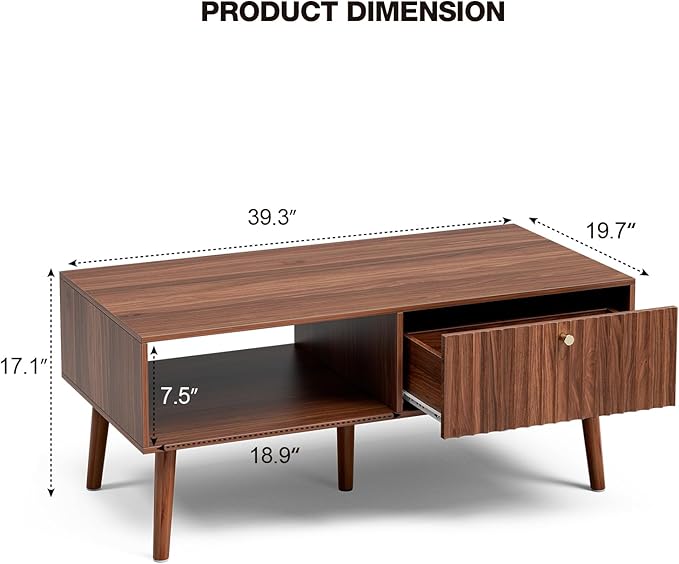 Coffee Table with Storage, Mid Century Dining Table with Fluted Drawer and Solid Wood Legs, Small Coffee Tables for Living Room, Walnut-Ruum Studio Home