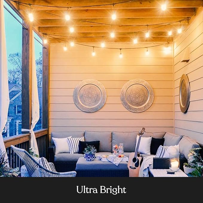 Brightech Ambience Pro Incandescent Outdoor String Lights - Commercial Grade Waterproof Patio Lights with 48 Ft Dimmable Edison Bulbs, Porch String Lights for Patio, Backyard - 15 Bulbs 11W-Ruum Studio Home