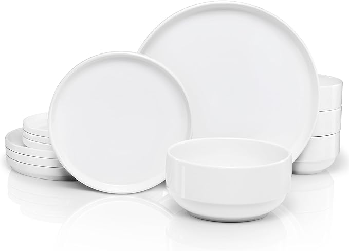 Ceramic Dinnerware Set, 12-Piece Service for 4, Soup Bowls (31.5 oz), Salad Plates (7.5"), Dinner Plates (10.5"), Round, Microwave and Dishwasher Safe, White, Cambridge Classics-Ruum Studio Home