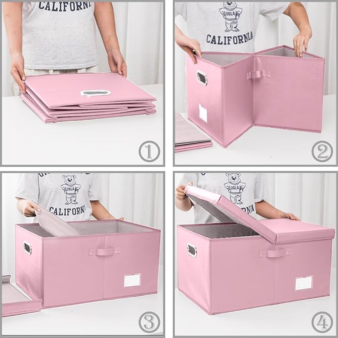 PRANDOM Collapsible Storage Box with Lid [3-Pack] Leather Fabric Foldable Storage Bin Organizer Container Basket Cube with Cover for Home Bedroom Closet Office Nursery Pink(22.8X15.7X11.8)-Ruum Studio Home