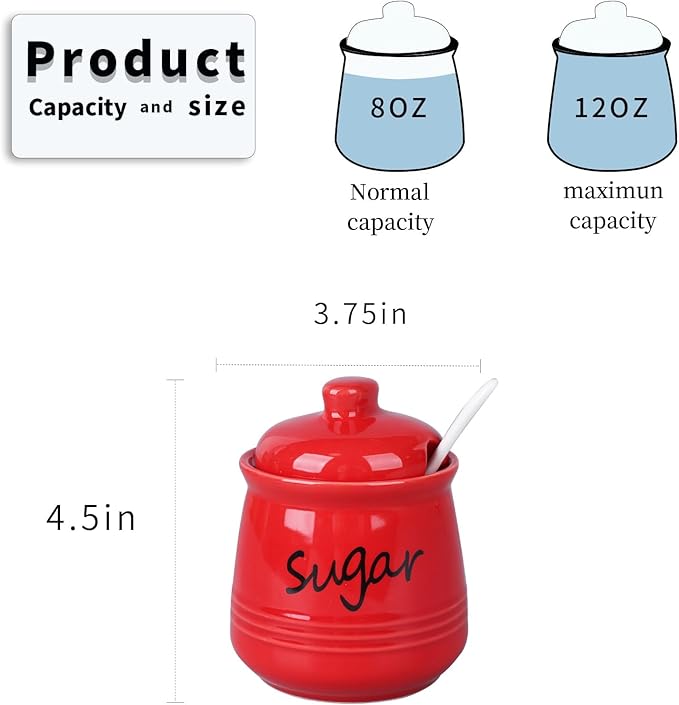 HAOTOP 12oz Sugar Bowl with Lid and Spoon,Ceramic Sugar Jar Sugar Dispenser Sugar Container Coffee Bar Accessories, Kitchen Countertop Canisters, Red-Ruum Studio Home