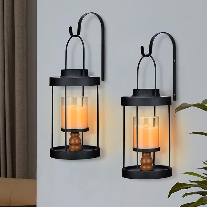Metal Wall Sconce Candle Lantern Set of 2 - Black Wall Mounted Wood and Metal Hanging Holder with Glass & Candles Vintage Wall Decor for Porch, Living Room, Dining Room, Bedroom Indoor Decor-Ruum Studio Home