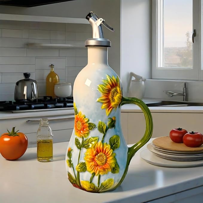 18 Oz Hand Painted Relief Ceramic Olive Oil Bottle Dispenser for Kitchen, Oil and Vinegar Bottle, Seasoning Bottle with Stainless Steel Nozzle, 540mL Oil Container with Handle for Cooking, Light Proof-Ruum Studio Home
