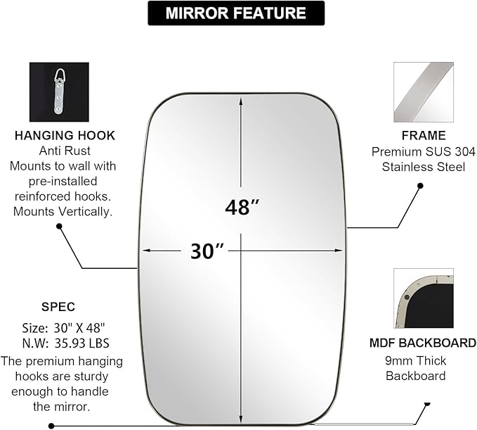 ANDY STAR Brushed Nickel Mirror, 30x48’’ Brushed Nickel Bathroom Oval Mirror with Stainless Steel Metal Frame, Silver Oblong Mirrors Wall Mounted for Bedroom, Living Room Decor-Ruum Studio Home