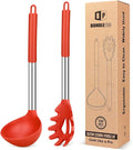 Silicone Pasta Fork and Ladle Spoon Set, Large Non Stick Kitchen Utensils for Cooking,Stirring,Serving Spaghetti, Soup, Sauce (RED)-Ruum Studio Home