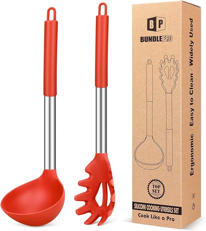 Silicone Pasta Fork and Ladle Spoon Set, Large Non Stick Kitchen Utensils for Cooking,Stirring,Serving Spaghetti, Soup, Sauce (RED)-Ruum Studio Home
