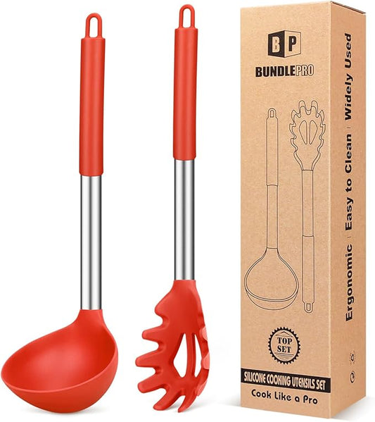 Silicone Pasta Fork and Ladle Spoon Set, Large Non Stick Kitchen Utensils for Cooking,Stirring,Serving Spaghetti, Soup, Sauce (RED)-Ruum Studio Home
