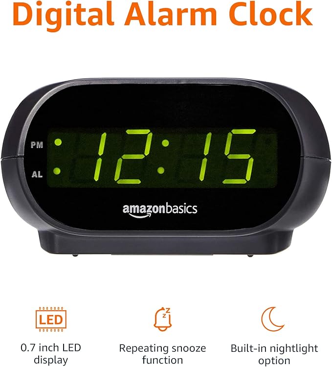 Amazon Basics Small Digital Oval Alarm Clock With LED Display, Nightlight & Battery Backup, Black, 4.5 x 3.5 x 2.4 Inches-Ruum Studio Home