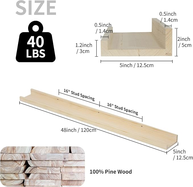 SAUMONIERES Picture Ledge Shelf Floating Book Shelves Set of 2 Wall Mounted Solid Wood for Bedroom Bathroom Living Room Kitchen, 48 Inch Natural-Ruum Studio Home