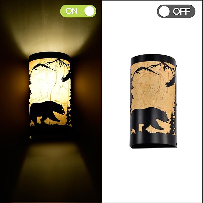 Black Wall Sconces Set of Two,Bear Metal Yellow Parchment Rustic Wall Sconces,Farmhouse Hallway Wall Light Fixtures,Industrial Wall Mount Lamp,Indoor Wall Lamps for Living Room,Bedroom,Porch-Ruum Studio Home
