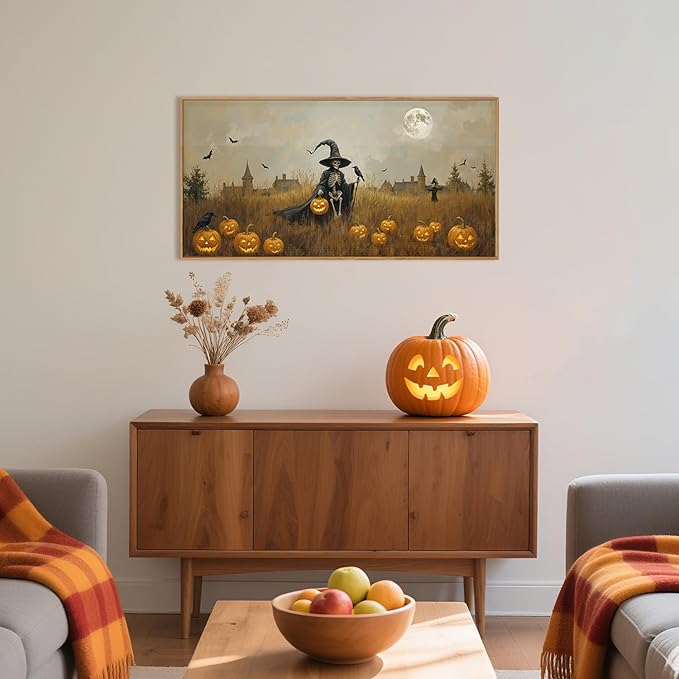 Celestdeco Halloween Ghost Reaper Framed Wall Art Set, Scary Witchy and Pumpkin Wall Decor, Horror Night Wall Painting,Full Moon Bats Art Prints for Living Room,Bedroom,Halloween Themed Party Decor-20"×40"-Ruum Studio Home