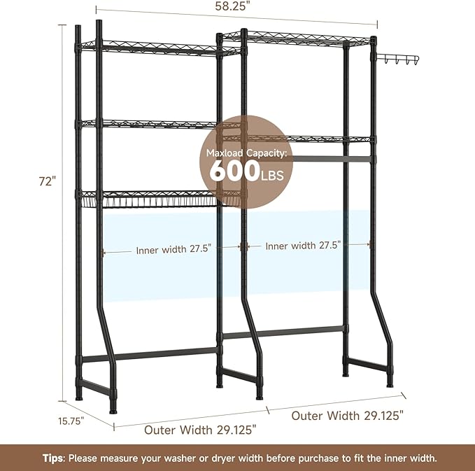 Over Washer and Dryer Shelves,Heavy Duty Laundry Room Storage Organization Clothes Drying Rack,5 Tier Adjustable Height Wire Shelving and Wire Basket with Hanger Rod&Hook,Space Saving Shelf-Ruum Studio Home
