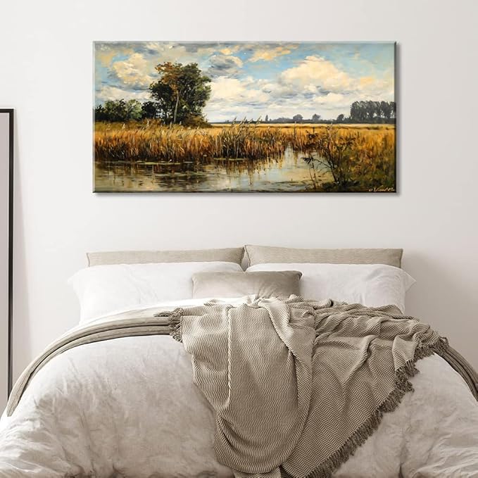 LASMOND Beautiful Wilderness Meadow Canvas Wall Art Oil Painting Reproduction Print Vintage Wildflower Field Scenery Countryside Landscape Tree Rustic Retro Decor Artwork Country Farmhouse Living Room 24x48 Inches-Ruum Studio Home