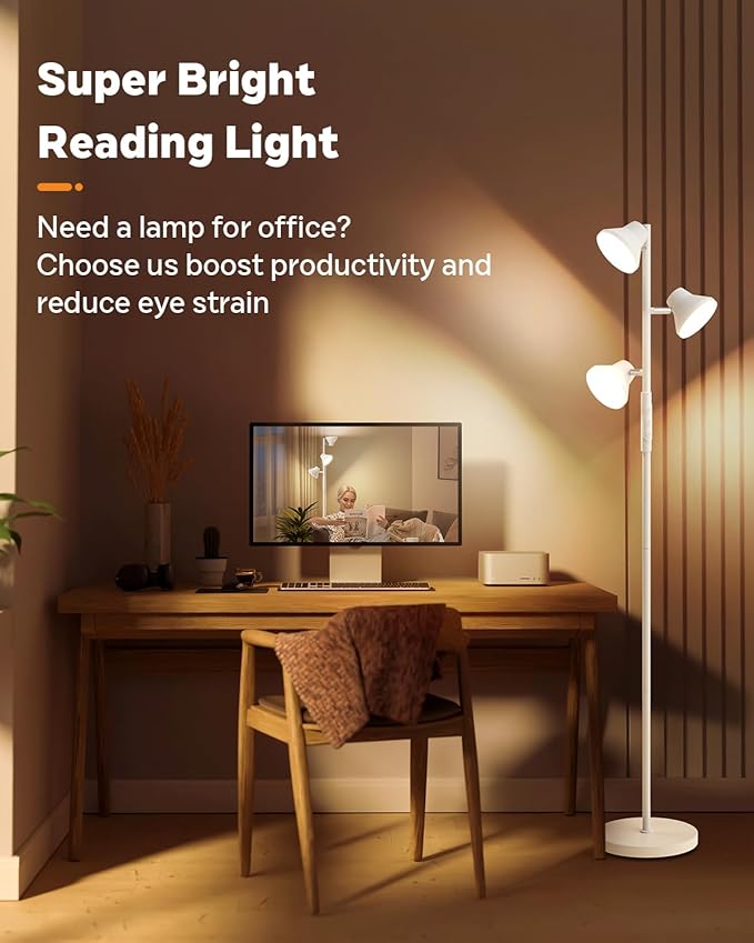 White Floor Lamp, 36W Modern Dimmable Standing Lamp 2700-6500K, 3 Rotatable LED Lights Reading Tall Lamp, Touch & Remote Control Floor Lamps for Living Room Bedroom Office-Ruum Studio Home