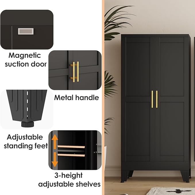 51" Kitchen Pantry Cabinet, Metal Storage Cabinet with 3 Adjustable Layer Shelves, 8 Door Shelves, Buffet Sideboard for Living Room, Kitchen, Black-Ruum Studio Home