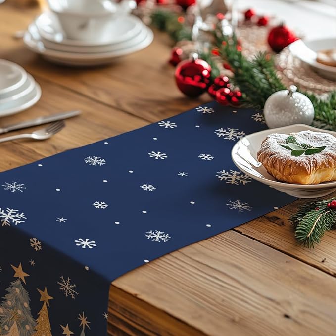 GEEORY Christmas Table Runner 13x108 Inch, Xmas Trees Snowflakes Holiday Decorative Farmhouse Table Decoration for Kitchen Dinning, Indoor Outdoor Dinner Party Decor (Blue) GT151-108-Ruum Studio Home