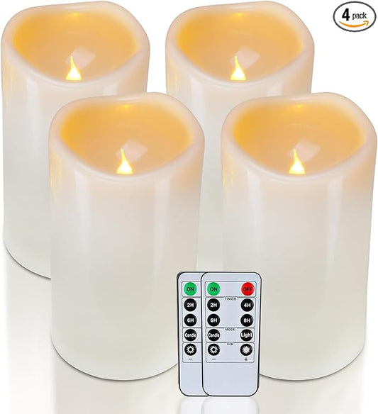 Homemory 4" x 6" Large Waterproof Outdoor Flameless Candles, Battery Operated Flickering LED Pillar Candles with Remote and Timers for Indoor Outdoor Lanterns, Long Lasting, Dark Ivory, Set of 4