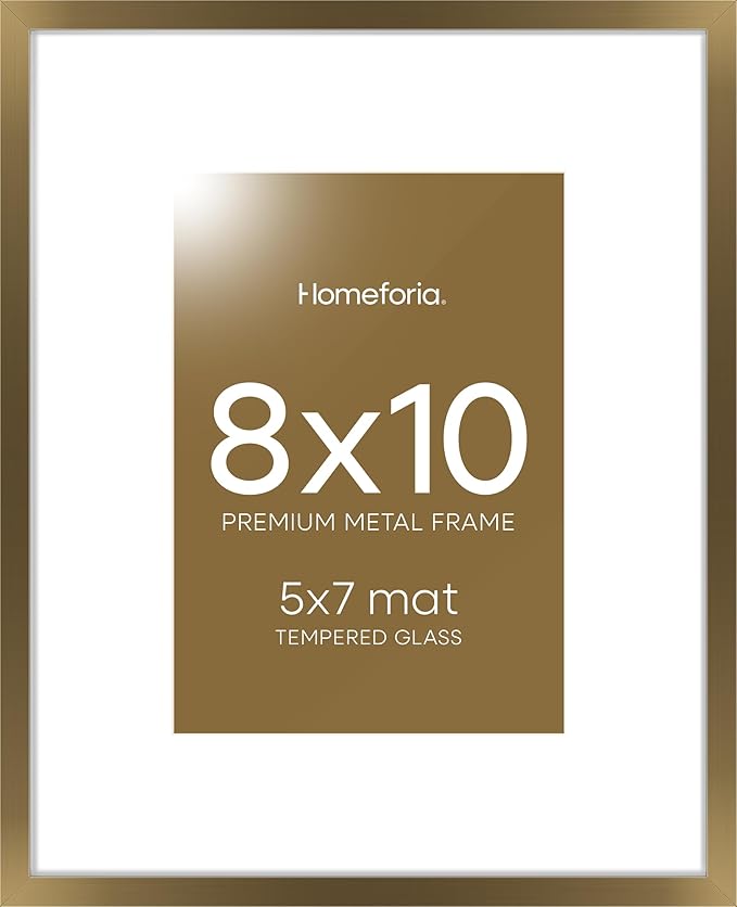 Homeforia Bronze Picture Frames 8x10, High End Metal 8 x 10 Photo Frame with Mat 5 x 7 Art, 10x8 Brass Frame Matted to 5x7 inch Print, 8by10 Wall or Tabletop Frames, Tempered Glass, Wall Kit, Set of 1-Ruum Studio Home