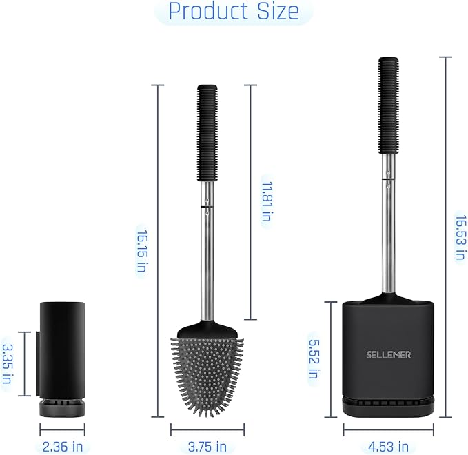 Sellemer Toilet Brush and Holder Set - Flexible Toilet Bowl Brush Head with Silicone Bristles, Compact Size for Storage and Organization, Ventilation Slots Base (1 Pack, Black)-Ruum Studio Home