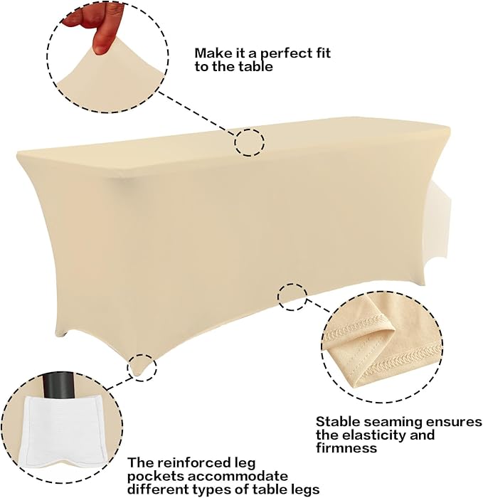 IVAPUPU 2 Pack 4FT Table Cloth for Rectangular Fitted Events Stretch Champagne Table Covers Washable Cover Spandex Tablecloth Protector for Party, Wedding, Cocktail, Banquet, Festival-Ruum Studio Home