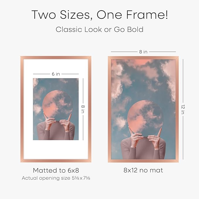 Homeforia 8x12 Picture Frame Rose Gold, High End Metal 8 x 12 Poster Frames with Mat 6 by 8 Photo, 12x8 Frame Matted to 6x8 inch Print, 8by12 Wall or Tabletop Frame, Tempered Glass, Wall Kit, Set of 1-Ruum Studio Home