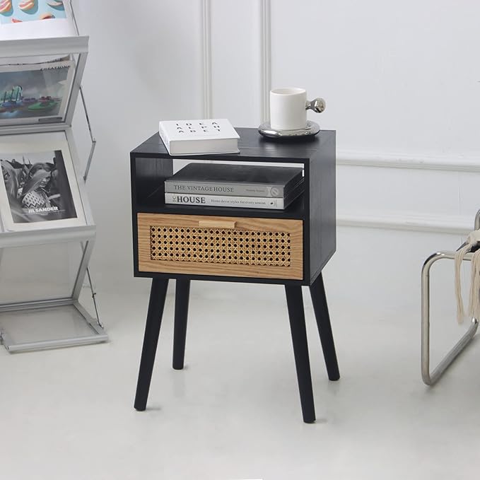 MaxSmeo End Table with Storage Mid Century Nightstand with Rattan Drawer and Shelf, Wood Small Side Coffee Table for Small Space, Living Room and Bedroom, Easy Assembly (Black)-Ruum Studio Home