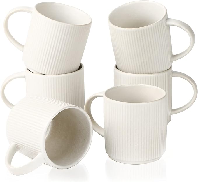 famiware Coffee Mug Set for 6, Star 12 oz Catering Mugs Cup Set with Handle for Coffee, Tea, Cocoa, Milk - Ceramic Stoneware Drinkware Set, Matte White-Ruum Studio Home