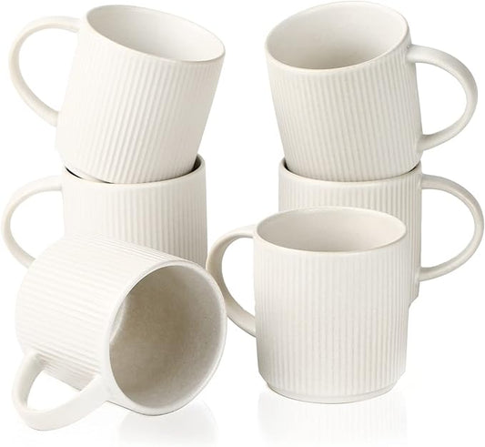 famiware Coffee Mug Set for 6, Star 12 oz Catering Mugs Cup Set with Handle for Coffee, Tea, Cocoa, Milk - Ceramic Stoneware Drinkware Set, Matte White-Ruum Studio Home