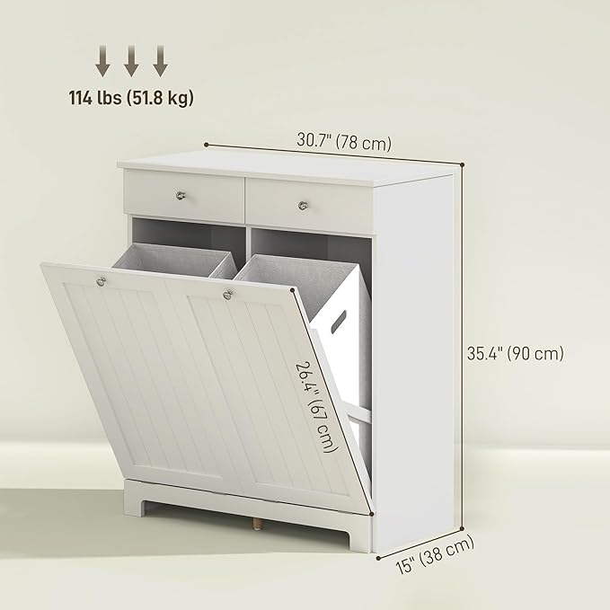 HOMCOM Laundry Hamper Cabinet with 2 Removable Baskets, Tilt Out Laundry Hamper Cabinet with 2 Drawers and 2 Beadboard Doors, Laundry Cabinet Bathroom Storage Cabinet, White-Ruum Studio Home