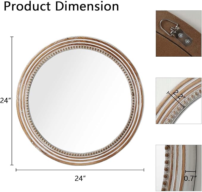 24 Inch Rustic Round Mirror - Farmhouse Vintage Bathroom Vanity Mirror, Wall-Mounted Round Mirrors for Bathroom Sink, Bedroom & Living Room and Framed Decorative Restroom Mirror-Ruum Studio Home