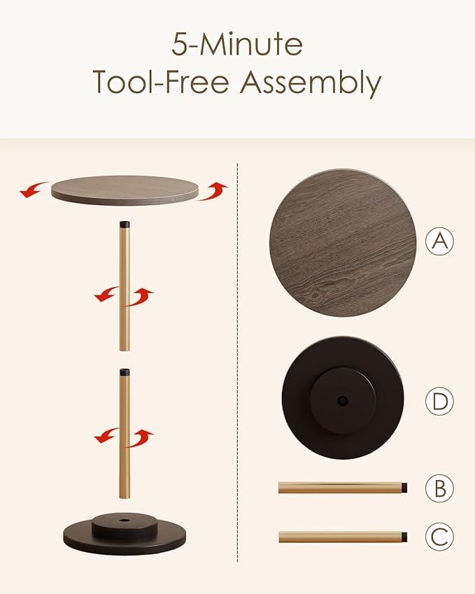 Masupu Drink Table, Round Side Table for Small Spaces, Pedestal Side Table, Small End Table with Metal Base, for Living Room, Bedroom, Bathroom, Grey-Ruum Studio Home