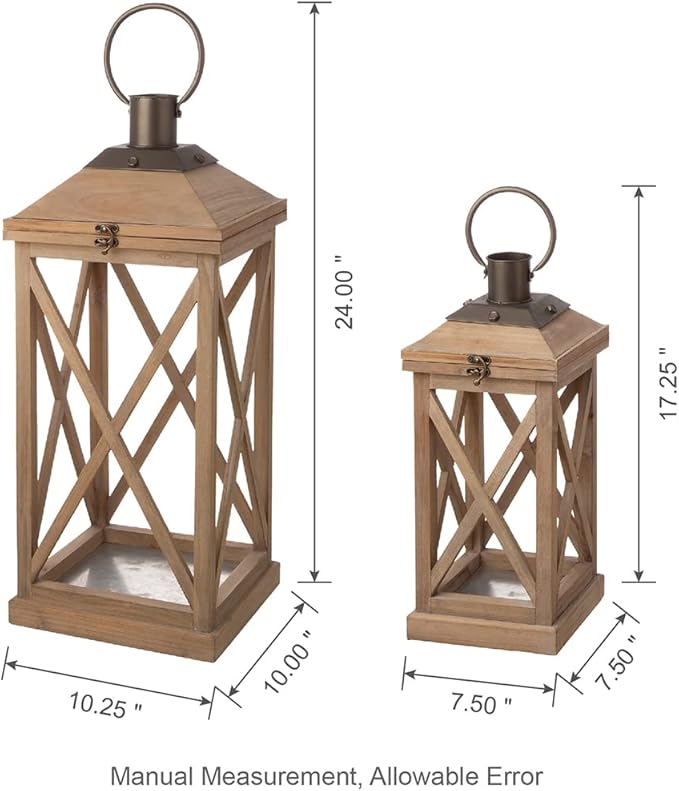 Glitzhome Mondern Farmhouse Wood Metal Lanterns Decorative Hanging Candle Lanterns Set of 2, Natural (No Glass)-Ruum Studio Home