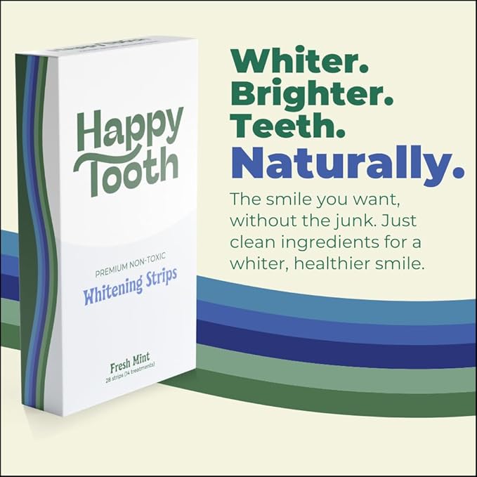 Happy Tooth Natural Teeth Whitening Kit, Strips for Sensitive Teeth, Enamel Safe, Dentist Formulated, Fluoride Free, Natural Ingredients, Gentle Daily Use, 28 Strips, 14 Treatments, Fresh Mint Flavor-Ruum Studio Home