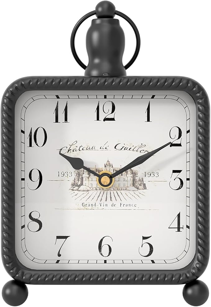 Vintage Black Table Clock on Stand, Desk and Shelf Decor Clock, French Rustic Style Non-Ticking Mantel Clocks for Farmhouse, Living Room, Bedroom, Bedside, Gift (8.5" H x 5.5" W)-Ruum Studio Home